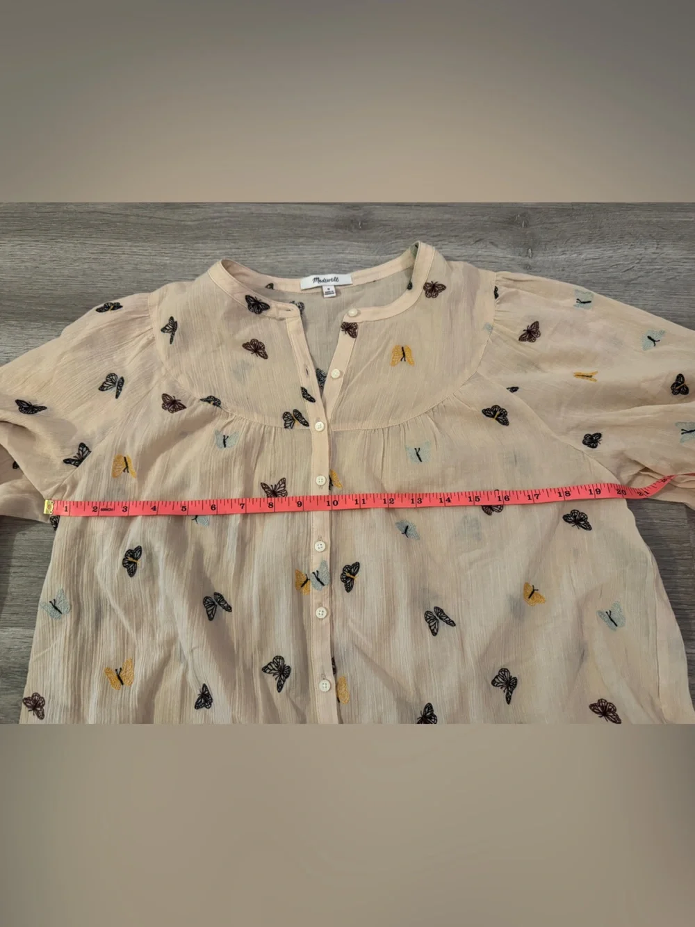 Madewell Blush Button-Up Blouse with Multicolor Butterfly Embroidery
